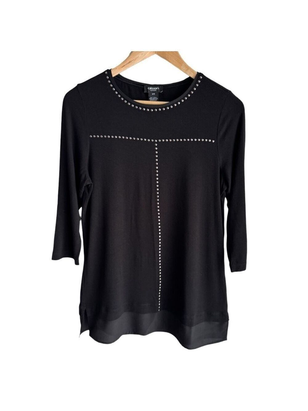 Olsen Black Studded 3/4 Sleeve Longline Top Sz S/6 Stretchy Longline Tunic Shirt